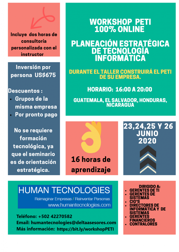 Este Workshop tiene el propósito de iniciar y entrenar a los participantes en el modelo de Planeación Estratégica de Tecnología Informática y en la metodología apropiada para realizarlo.