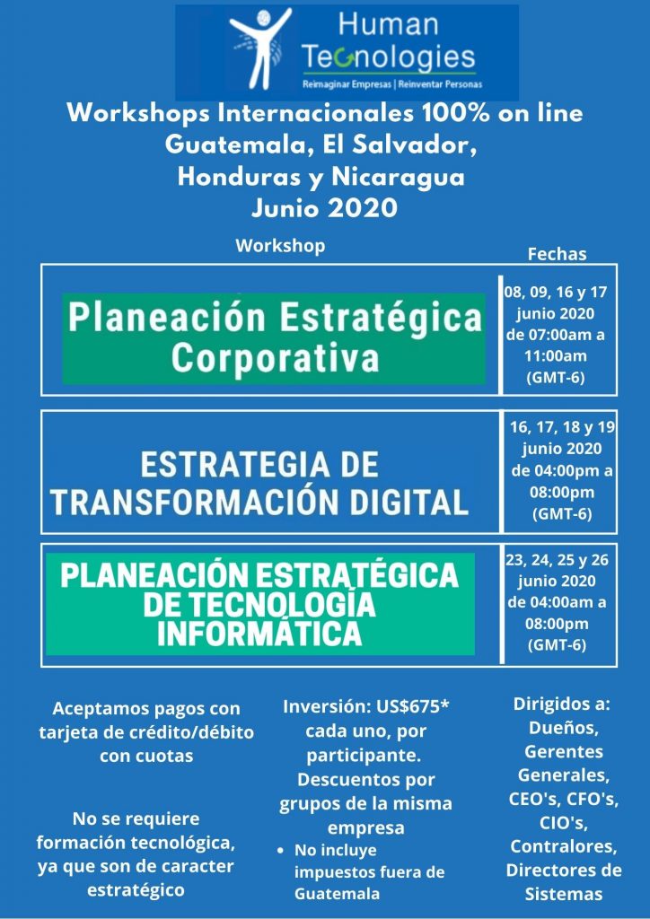 Presentamos calendario de Workshops 100% en Linea para el mes de junio 2020. Aceptamos pagos con tarjeta de crédito/débito.